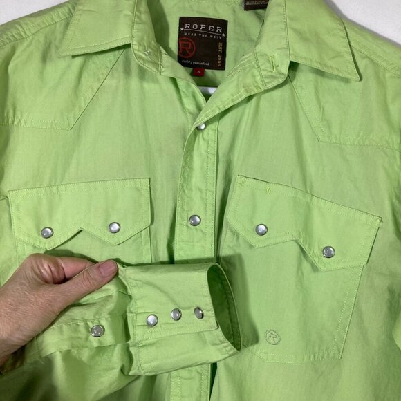 Mens Roper Western Pearl Snap Long Sleeve Shirt Lime Green S Cotton - Picture 4 of 7